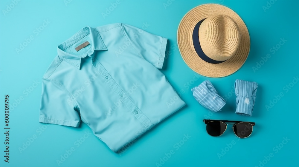 ummer Style for Men, Top View of Apparel Arranged on Blue Pastel Background, With Generative AI ummer Style for Men, Top View of Apparel Arranged on Blue Pastel Background, With Generative AI