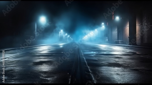 A dimly lit street at night under the glow of street lights. Generative ai