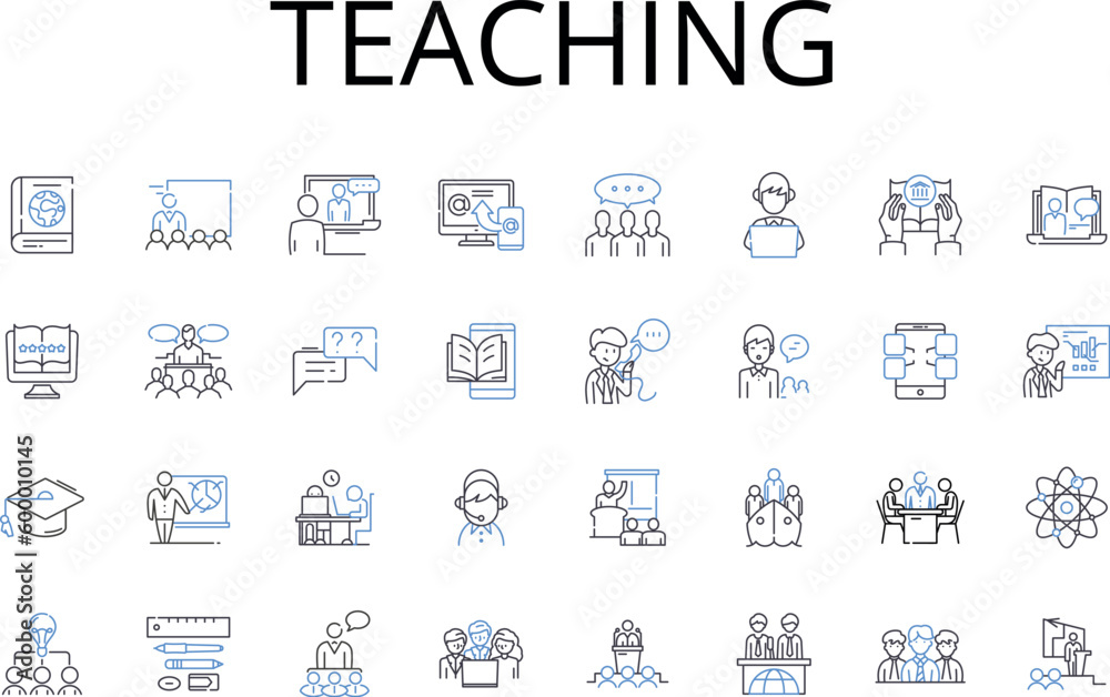 Teaching line icons collection. Instructing, Educating, Tutoring, Coaching, Mentoring, Guiding, Training vector and linear illustration. Schooling,Informing,Educative outline signs set