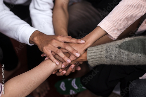 Hand join together for work togetherness, Hand stack for business and service, Team volunteering or teamwork. Concept connection of community and charity. Group of business workforce participation.