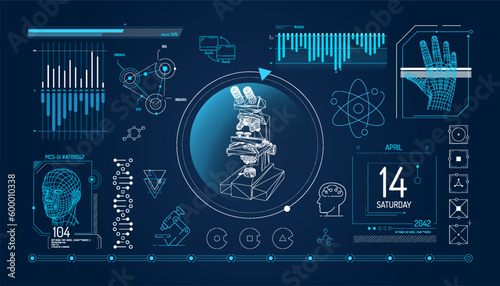 Set of infographic elements about microscopy and biomedical research.
