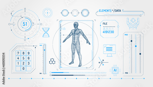 Set of infographic elements about DNA research and digital technologies.