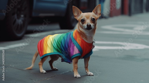 Dogs celebrating LGBTI Pride Day. Dogs in the street in LGTBI Celebration. Dogs dressed with the LGTBI flag. Images created by AI.  © Moon Project