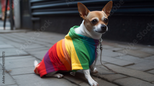 Dogs celebrating LGBTI Pride Day. Dogs in the street in LGTBI Celebration. Dogs dressed with the LGTBI flag. Images created by AI. 