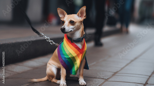 Dogs celebrating LGBTI Pride Day. Dogs in the street in LGTBI Celebration. Dogs dressed with the LGTBI flag. Images created by AI.  © Moon Project