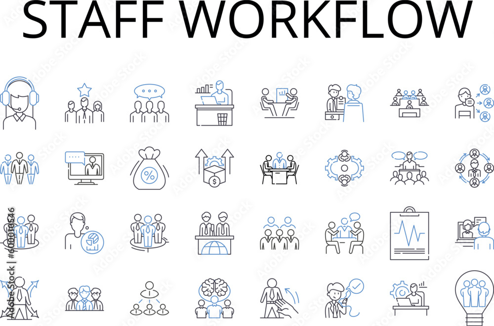 Staff workflow line icons collection. Employee productivity, Resource management, Workplace efficiency, Business process, Operation system, Corporate culture, Task delegation vector and linear Staff workflow line icons collection. Employee productivity, Resource management, Workplace efficiency, Business process, Operation system, Corporate culture, Task delegation vector and linear