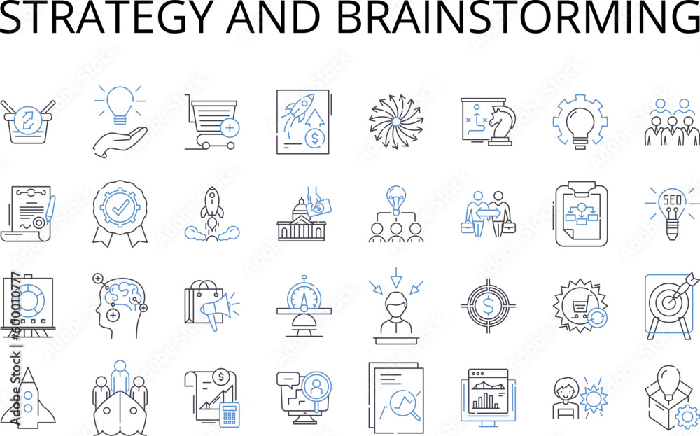 Strategy and brainstorming line icons collection. Planning and scheming, Pondering and contemplating, Pondering and ruminating, Devising and constructing, Devising and creating, Crafting and Strategy and brainstorming line icons collection. Planning and scheming, Pondering and contemplating, Pondering and ruminating, Devising and constructing, Devising and creating, Crafting and