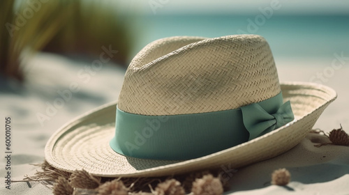 Sunny Beach Style: Summer Hat, Sunglasses, and Starfish on White Sands with Palm Trees and Turquoise Waters, With Generative AI