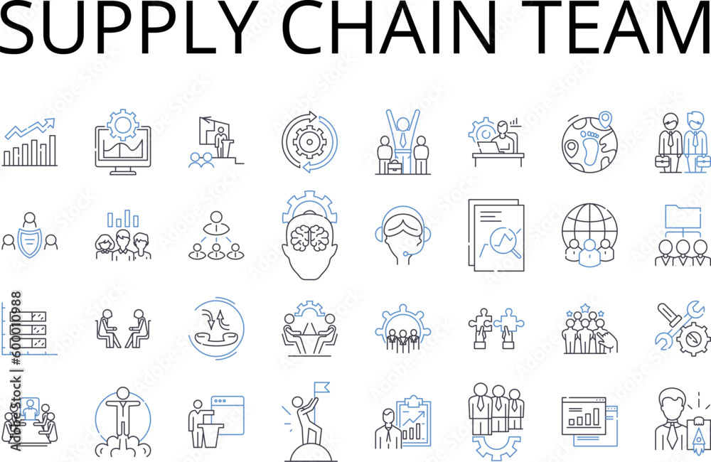 Supply chain team line icons collection. Sales department, Budget committee, Logistics crew, Product managers, Operations staff, Marketing squad, Quality control vector and linear illustration. Human Supply chain team line icons collection. Sales department, Budget committee, Logistics crew, Product managers, Operations staff, Marketing squad, Quality control vector and linear illustration. Human