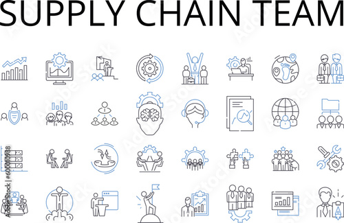 Supply chain team line icons collection. Sales department, Budget committee, Logistics crew, Product managers, Operations staff, Marketing squad, Quality control vector and linear illustration. Human