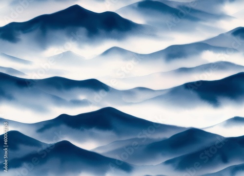 Misty Blue Smoky Mountains, Seamless Watercolor-Style Pattern Landscape Illustration [Generative AI] 