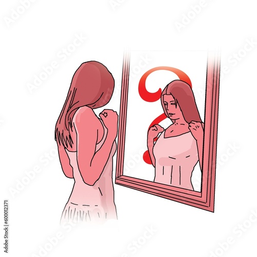 
woman and mirror, young girl, color illustration