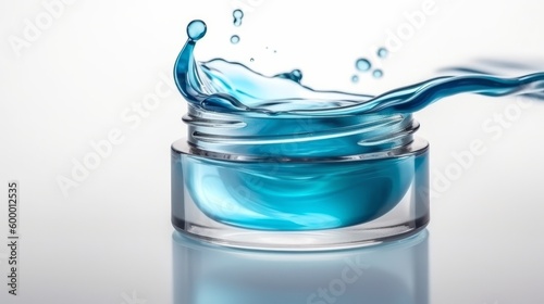 A glass jar filled with bright blue liquid against a white background. Generative ai