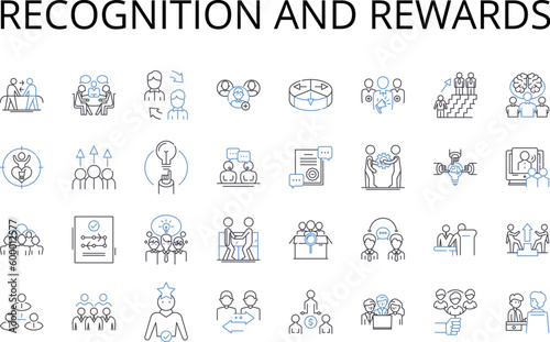 Recognition and rewards line icons collection. Appreciation, Acknowledgement, Incentive, Compensation, Bonus, Gratification, Tribute vector and linear illustration. Commendation,Honor,Prizes outline