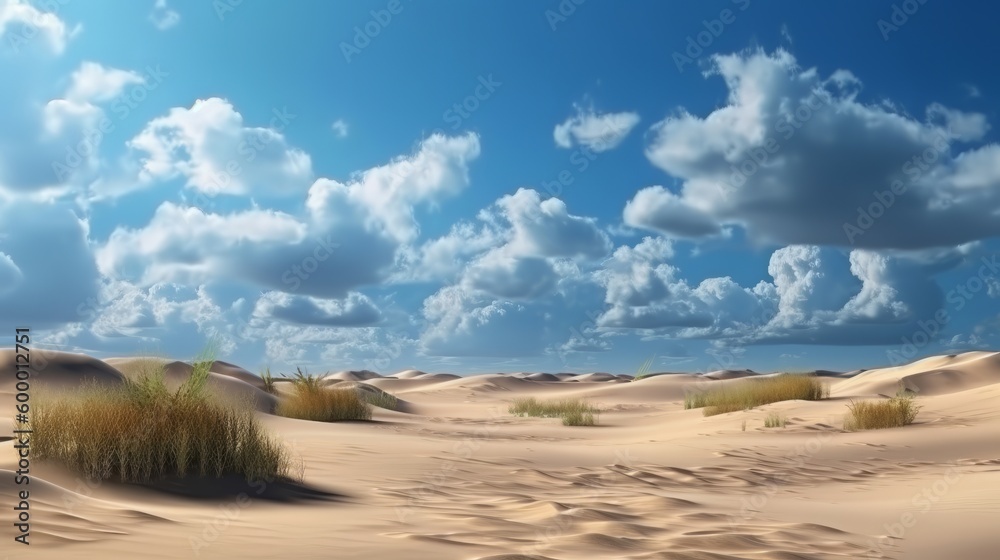 A serene landscape with sandy ground, green grass, and fluffy clouds in the blue sky. Generative ai