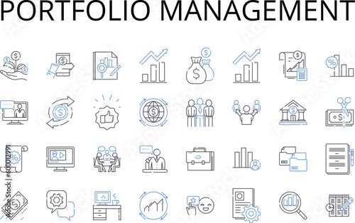 portfolio management line icons collection. Investment planning, Asset allocation, Task management, Risk assessment, Strategy execution, Project oversight, Resource allocation vector and linear