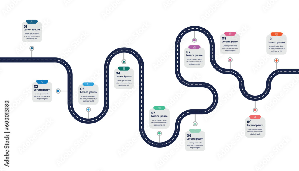 Business infographic template design with icons, 10 steps or options. Roadmap Infographic.