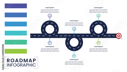 Navigation map infographic with icons, six steps or options