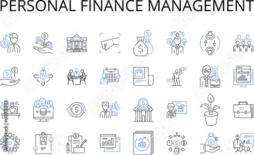 Personal Finance Management line icons collection. Financial Planning, Wealth Management, My Management, Fiscal Organizing, Budget Control, Mtary Guidance, Investment Strategy vector and linear