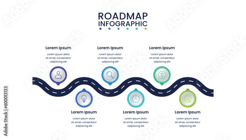 Roadmap business infographic timeline design template with icons, six steps or options