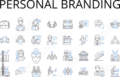 Personal branding line icons collection. Online presence, Image management, Identity creation, Self-marketing, Reputation building, Visibility boosting, Self-promotion vector and linear illustration