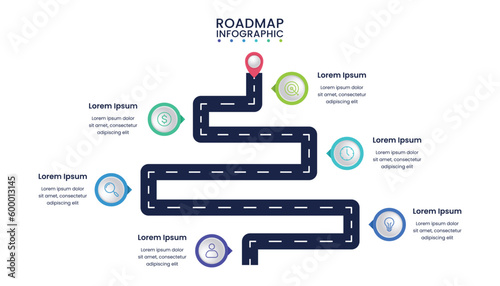 Business roadmap infographic design template with icons, six steps or options