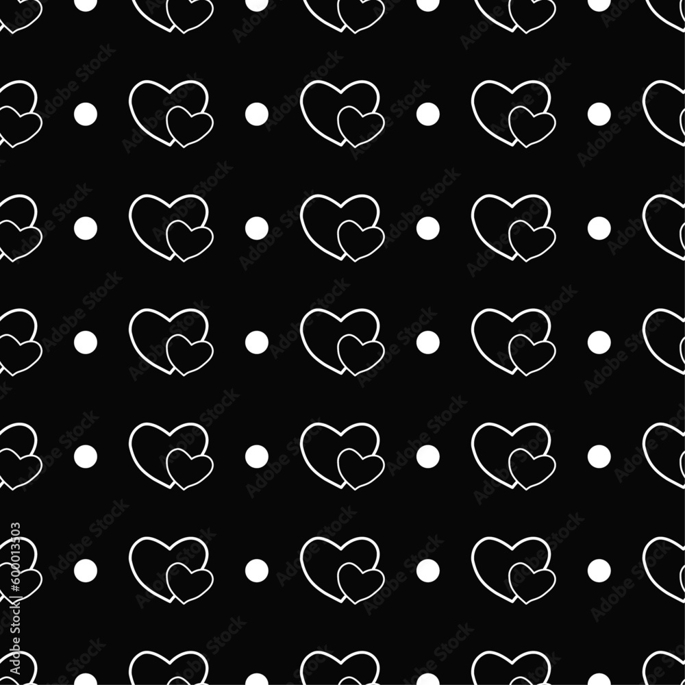 Seamless pattern Valentine's day. Black background decoration with white hearts and polka dots. Wrapping paper design, fabric, banner Vector illustration