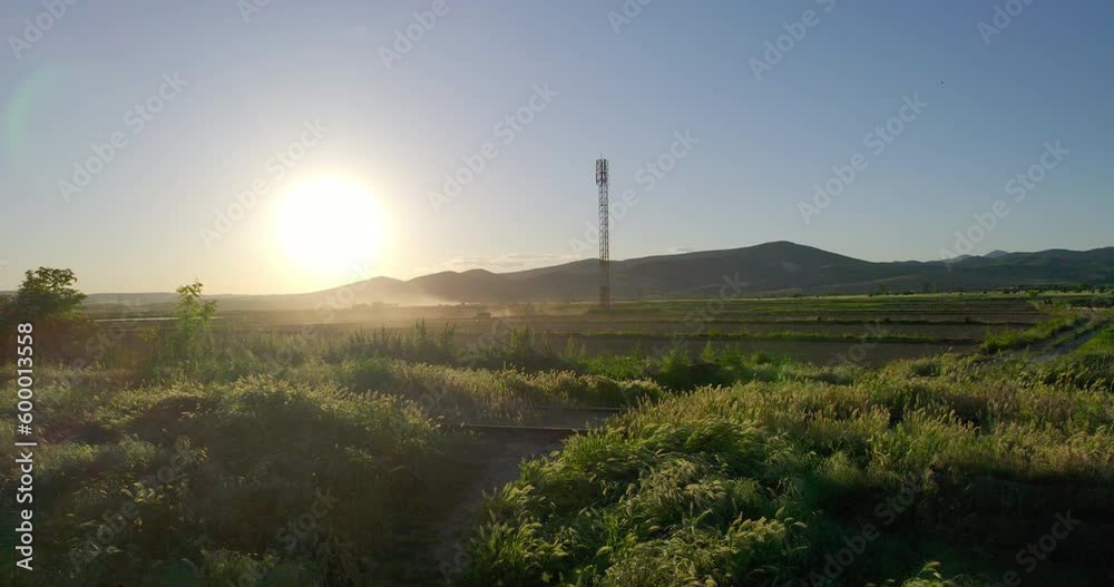Cell telecommunication tower stands in the field against sunset Cell telecommunication tower stands in the field against sunset