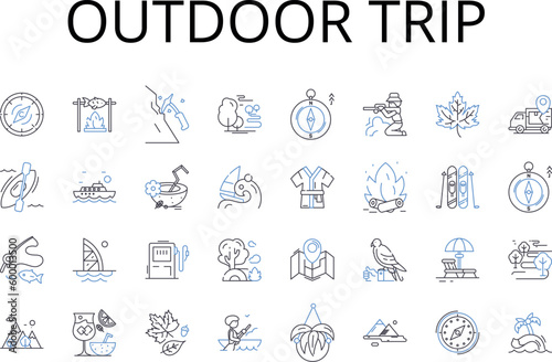 Outdoor trip line icons collection. Beach vacation, Mountain hike, Forest trek, City escape, Road trip, Camping adventure, Ski vacation vector and linear illustration. Island getaway,Jungle safari