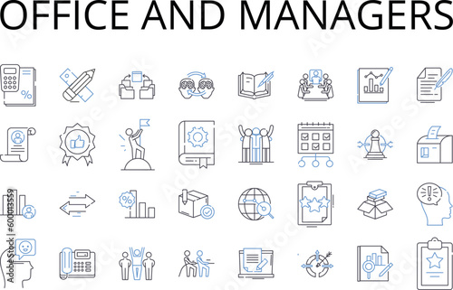 Office and managers line icons collection. CEO and executives, Business and commerce, Work and labor, Paperwork and bureaucracy, Staff and employees, Sales and marketing, Desk and chair vector and