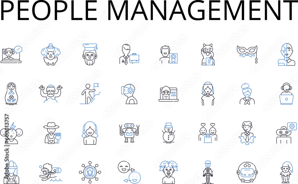 People management line icons collection. Staff supervision, Team coordination, Resource allocation, Workforce control, Personnel direction, Staff oversight, Employee administration vector and linear