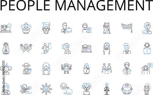 People management line icons collection. Staff supervision, Team coordination, Resource allocation, Workforce control, Personnel direction, Staff oversight, Employee administration vector and linear