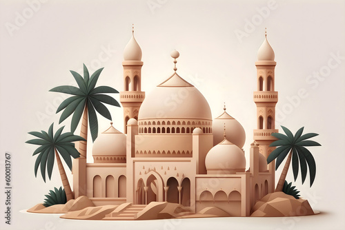 A desert scene with a muslim mosque and palm trees, Generative AI.