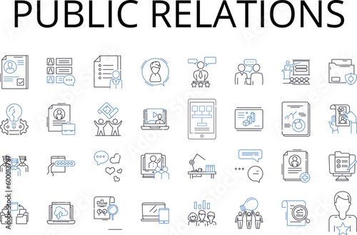 public relations line icons collection. Social media, Marketing strategy, Creative advertising, Professional nerking, Brand management, Media management, Crisis management vector and linear