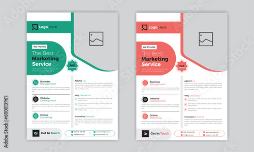 Two business flyer design layout templates with red and green backgrounds. Creative corporate Modern Flyers. Digital Marketing expert flyer design.
