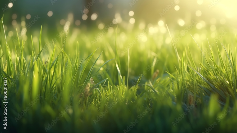 Obraz premium Sunlit green grass in close-up view. Generative ai