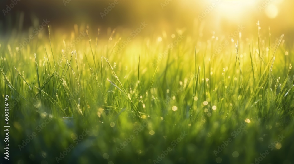 A sunny field of green grass with a bright sun in the background. Generative ai