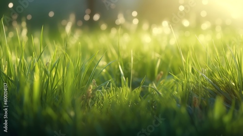 Sunlit green grass in close-up view. Generative ai