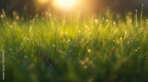 A sunlit field of grass with a blurred background. Generative ai