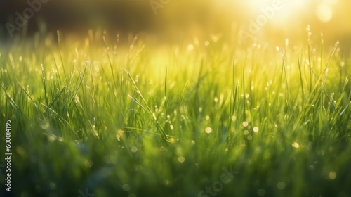 A sunny field of green grass with a bright sun in the background. Generative ai