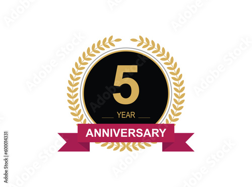 5th Anniversary Celebration. Anniversary logo design with golden color laurel wreath for birthday celebration event, invitation, greeting card, banner, poster, flyer, flyer.