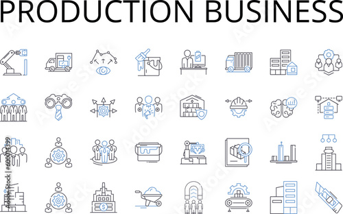 Production business line icons collection. Manufacturing industry, Service sector, Retail business, Agricultural enterprise, Financial institution, Educational institution, Healthcare provider vector