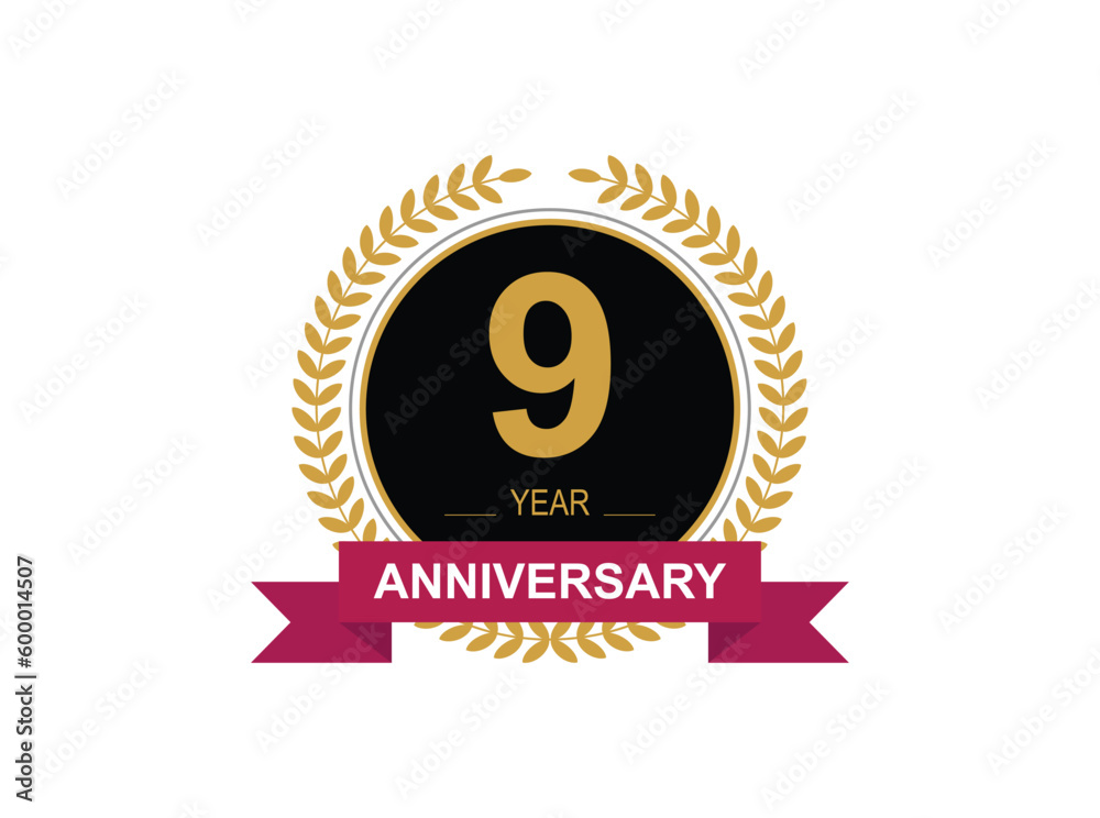 Fototapeta premium 9th Anniversary Celebration. Anniversary logo design with golden color laurel wreath for birthday celebration event, invitation, greeting card, banner, poster, flyer, flyer.
