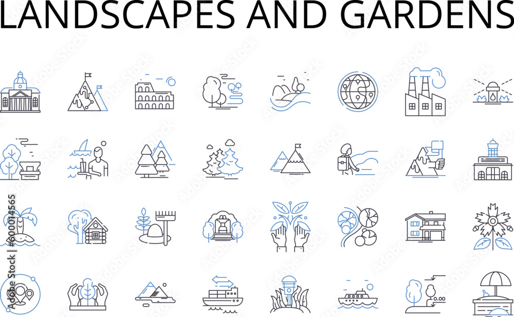 Landscapes and gardens line icons collection. Sea view, Beach access, Mountain outlook, Skyline panorama, Forest trails, Country retreat, Urban jungle vector and linear illustration. Secluded hideaway