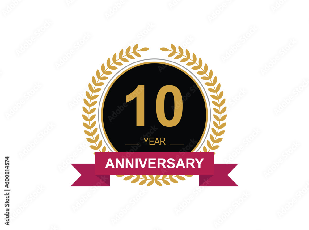 10th Anniversary Celebration. Anniversary logo design with golden color laurel wreath for birthday celebration event, invitation, greeting card, banner, poster, flyer, flyer.