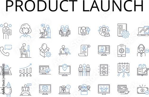 Product launch line icons collection. Campaign kickoff, Event launch, Book release, Movie premiere, Fashion debut, Album drop, Exhibit unveiling vector and linear illustration. Service introduction