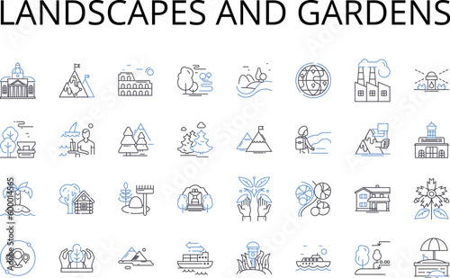 Landscapes and gardens line icons collection. Sea view, Beach access, Mountain outlook, Skyline panorama, Forest trails, Country retreat, Urban jungle vector and linear illustration. Secluded hideaway
