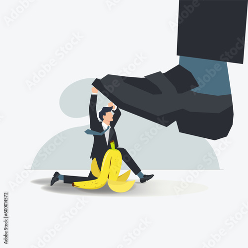 Businessman protect feet from banana peels. Loyalty, faithfulness concept vector illustration