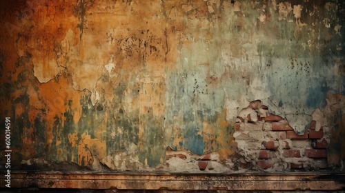 A grungy brick wall with peeling paint. Generative ai © cac_tus