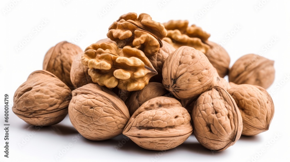 A heap of fresh walnuts on a plain white background. Generative ai A heap of fresh walnuts on a plain white background. Generative ai
